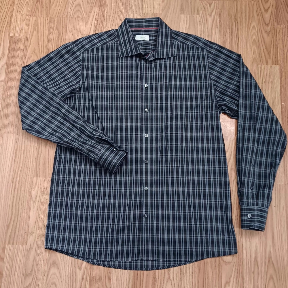 Eton Contemporary Fit Dress Shirt Mens 17.5 44 Black Gray Check Long Sleeves